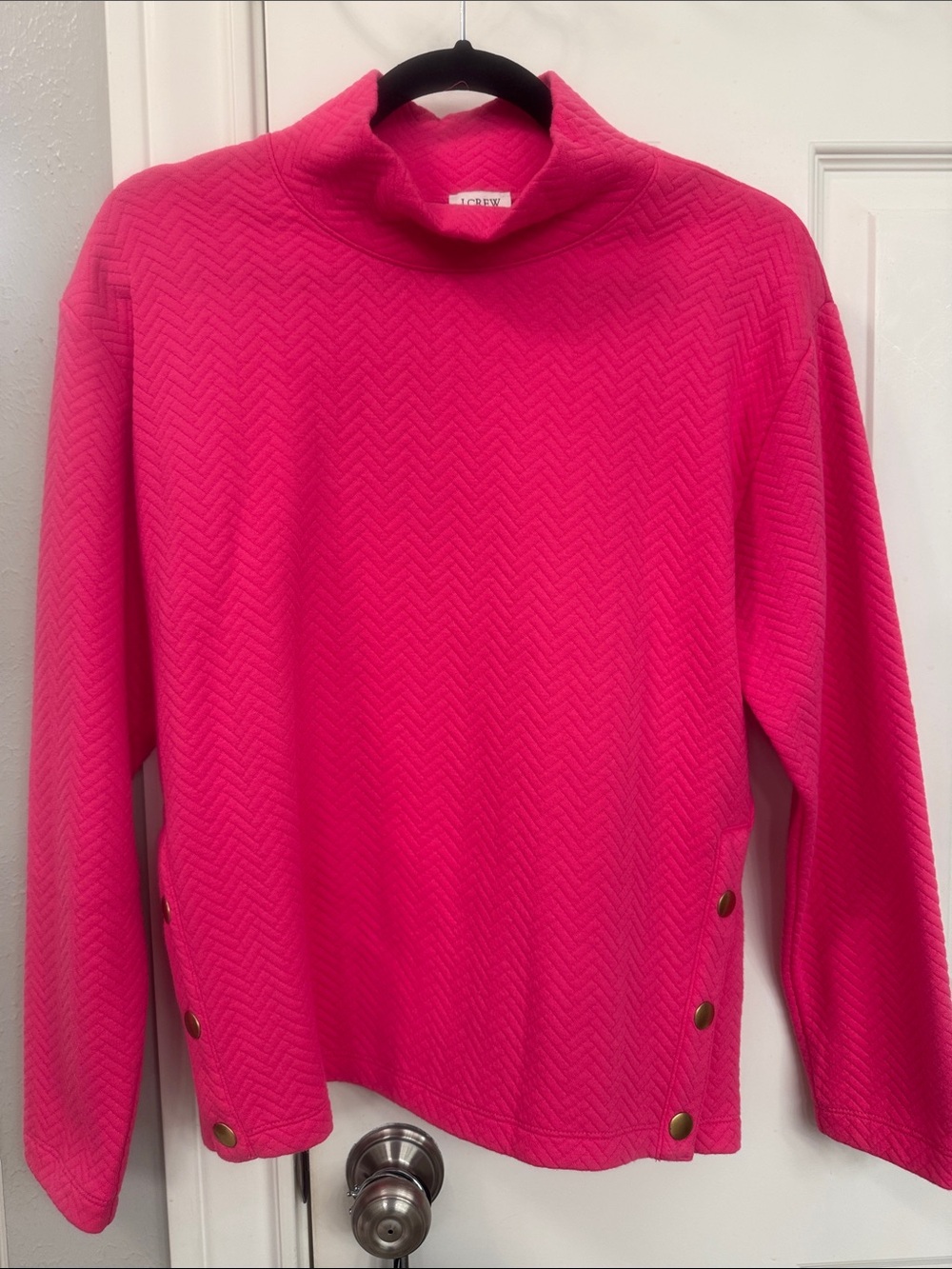 J. Crew Hot Pink Turtleneck Chevron Knit Sweater with Side Buttons